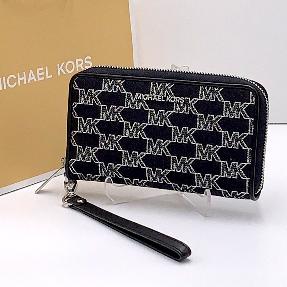 Michael Kors Jet Set Travel Large Phone Case Wristlet Wallet Black Glitter Multi - Picture 1 of 12
